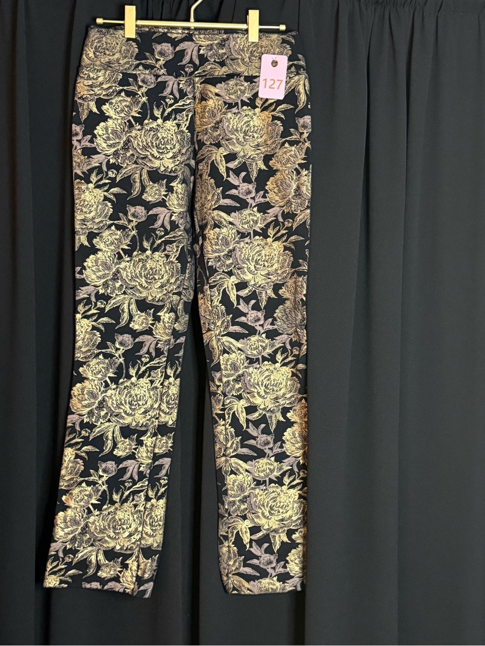 Black Floral Metallic Stretch Trousers